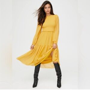 Wilfred Rosalyn Mustard Yellow Smocked Bodice Long Sleeve Midi Dress